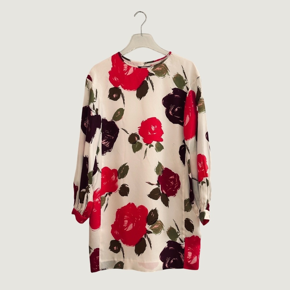 Kate Spade New York Rose Floral Print Shift Dress Pink Cream Long Sleeve Size M